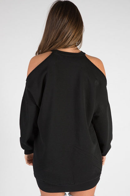 Black Cold Shoulder Distressed Jumper Dress - Kylie