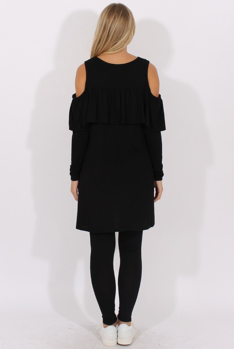 Black Cold Shoulder Frill Dipped Hem Tracksuit - Tammy