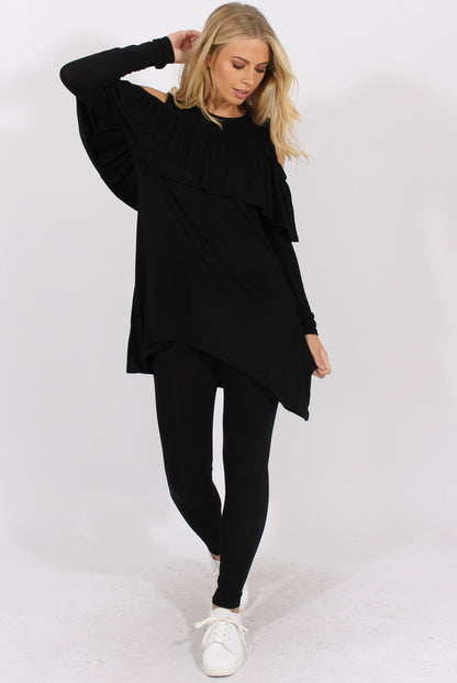 Black Cold Shoulder Frill Dipped Hem Tracksuit - Tammy