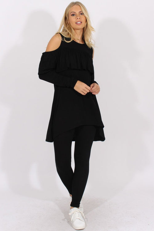 Black Cold Shoulder Frill Dipped Hem Tracksuit - Tammy
