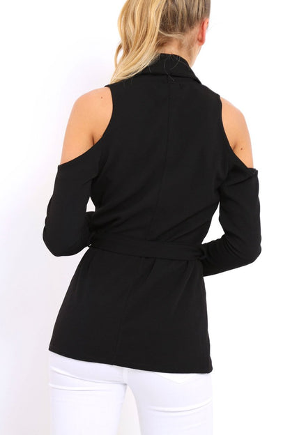 Black Cold Shoulder Tie Waist Blazer - Agnes