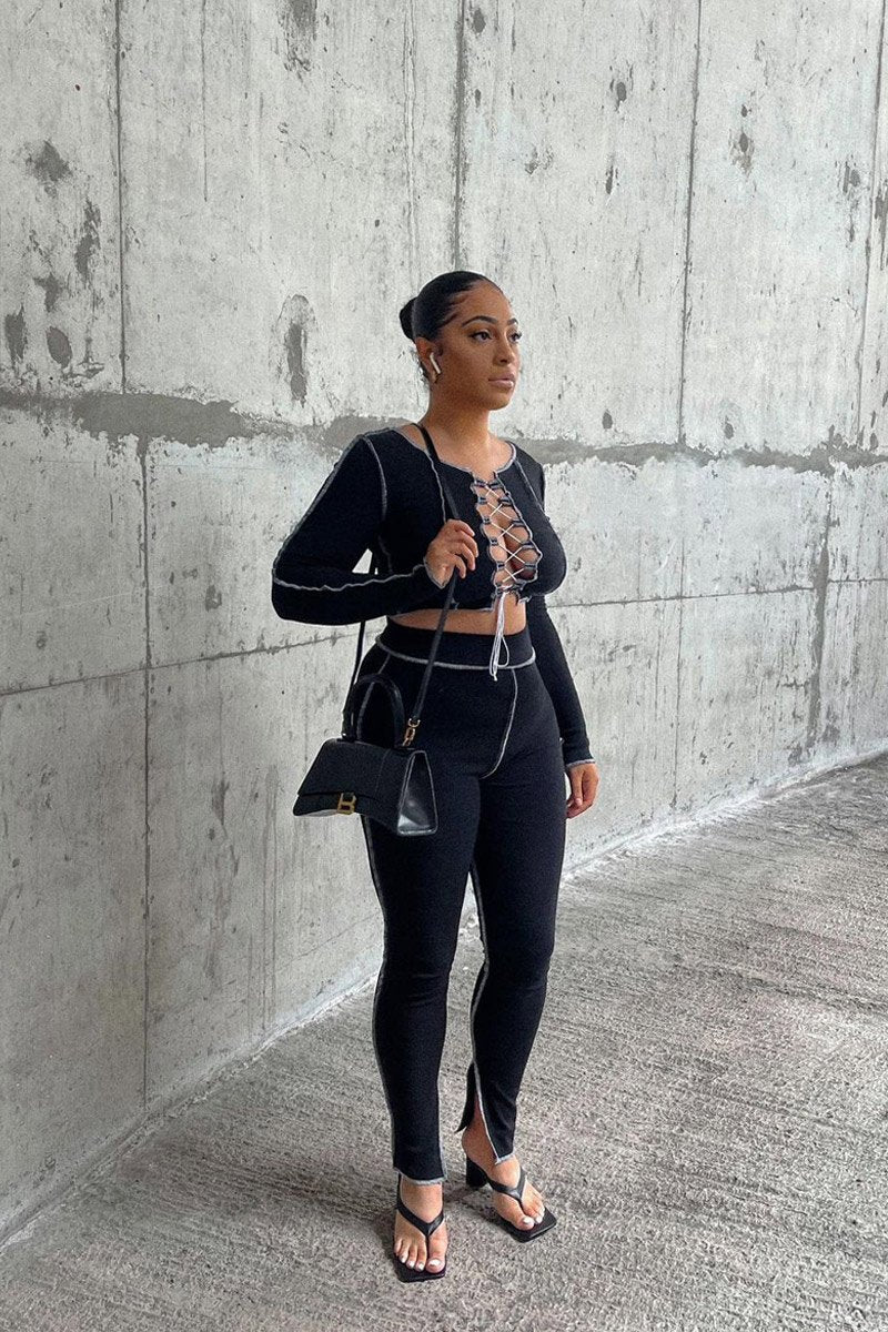 Black Contrast Stitch Split Hem Leggings - Ria