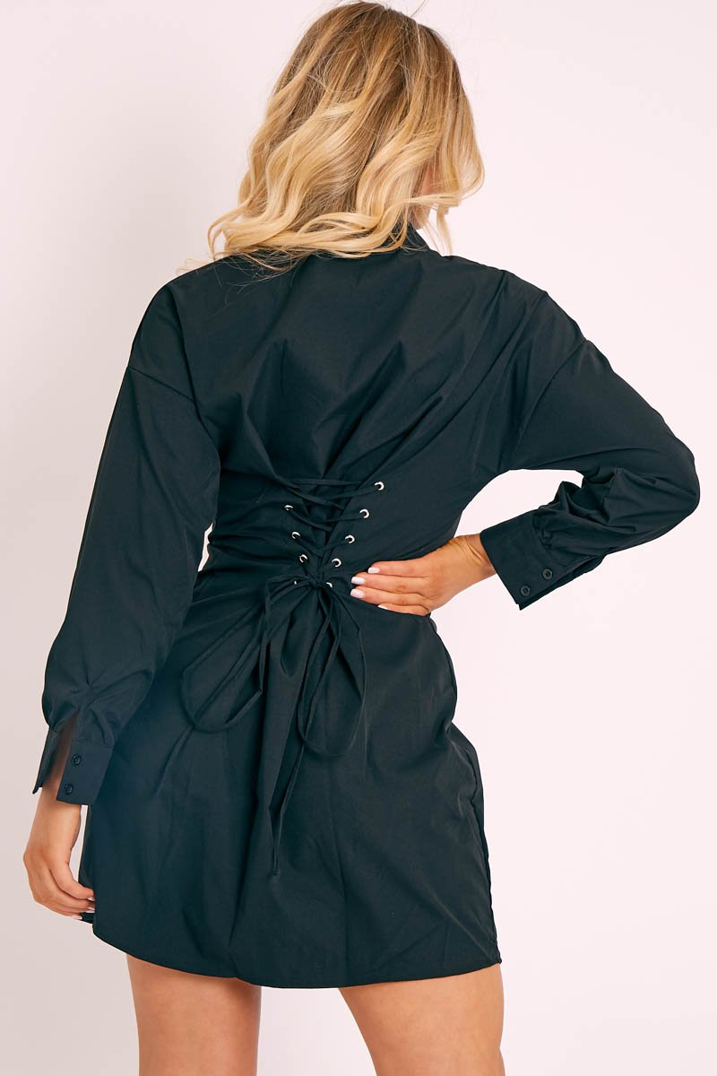 Black Corset Back Tailored Shirt Dress - Damoni