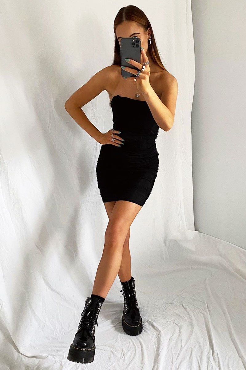 Black Corset Mesh Overlay Mini Dress - Nakai