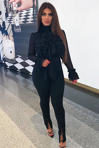 Black Crepe Ruffle High Neck Shirt - Honey