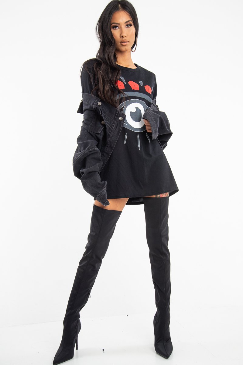 Black Crew Neck Eye Print T-Shirt - Conny