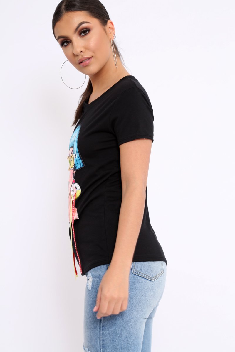 Black Crew Neck Girls Face T-shirt with Tassels - Leacy