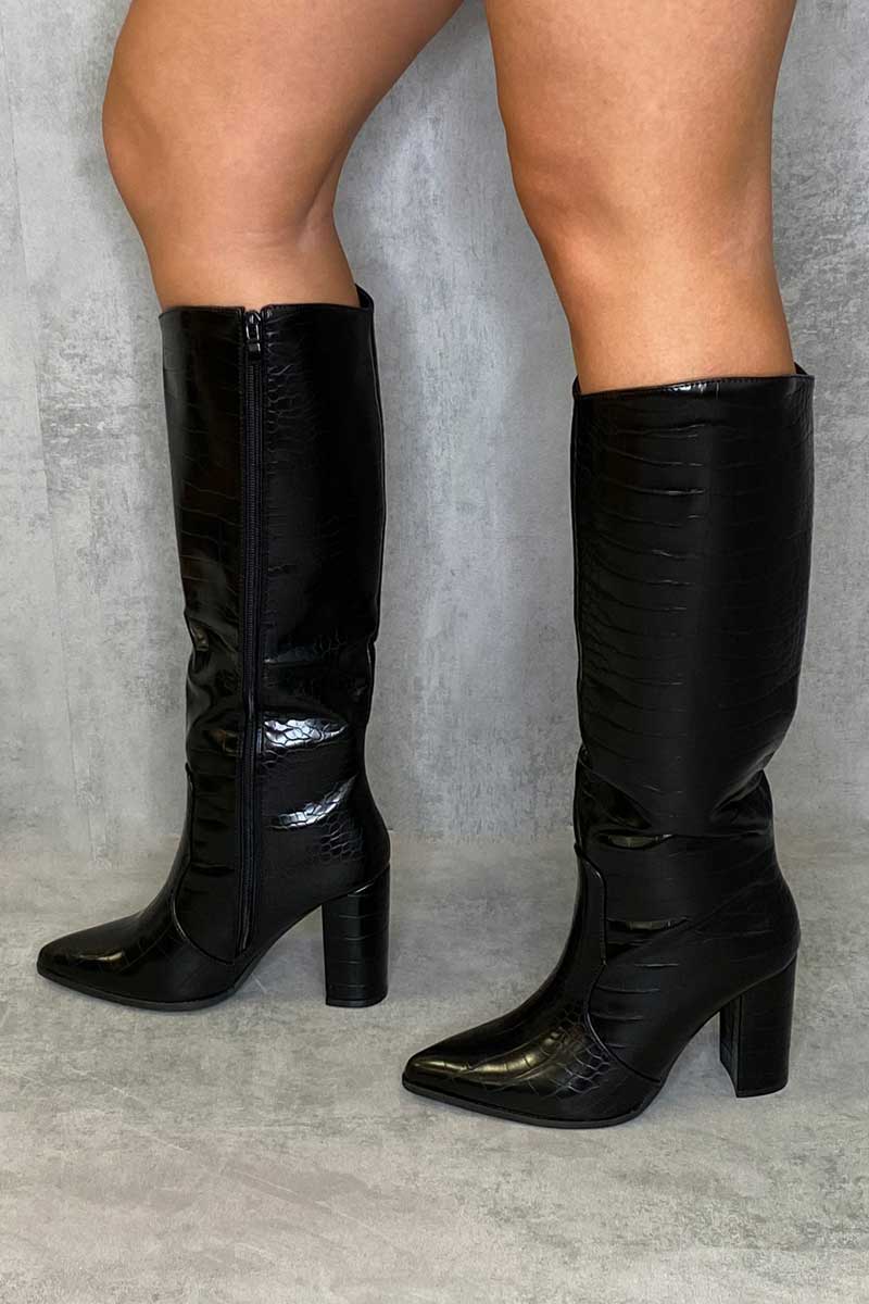 Black Croc Calf Heeled Boots - Parris