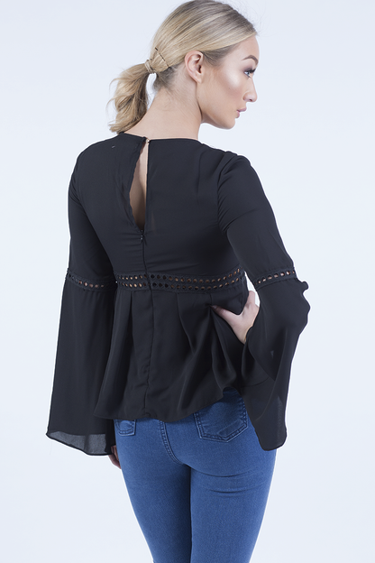 Black Crochet Detail Bell Sleeve Top - Catrina