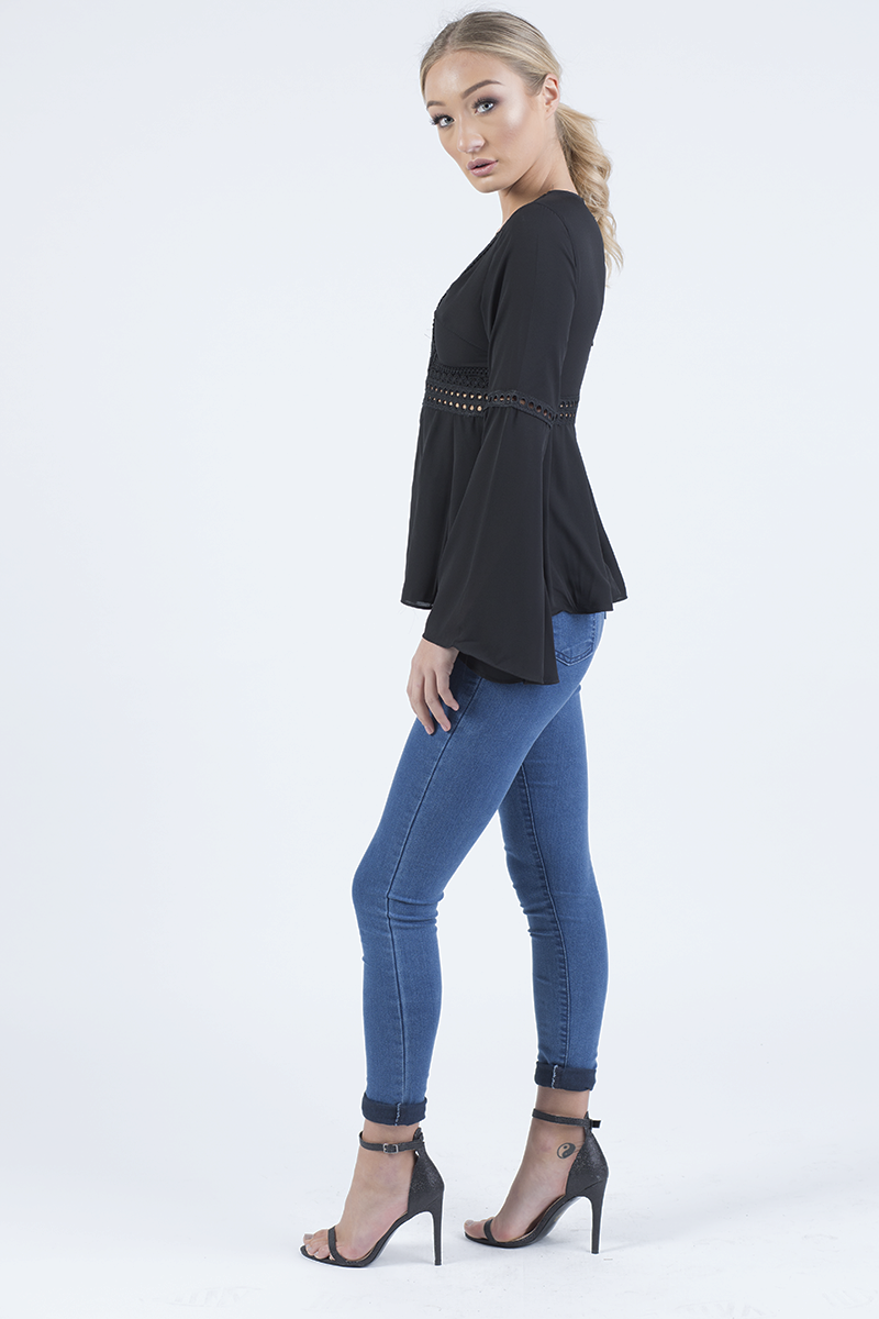 Black Crochet Detail Bell Sleeve Top - Catrina