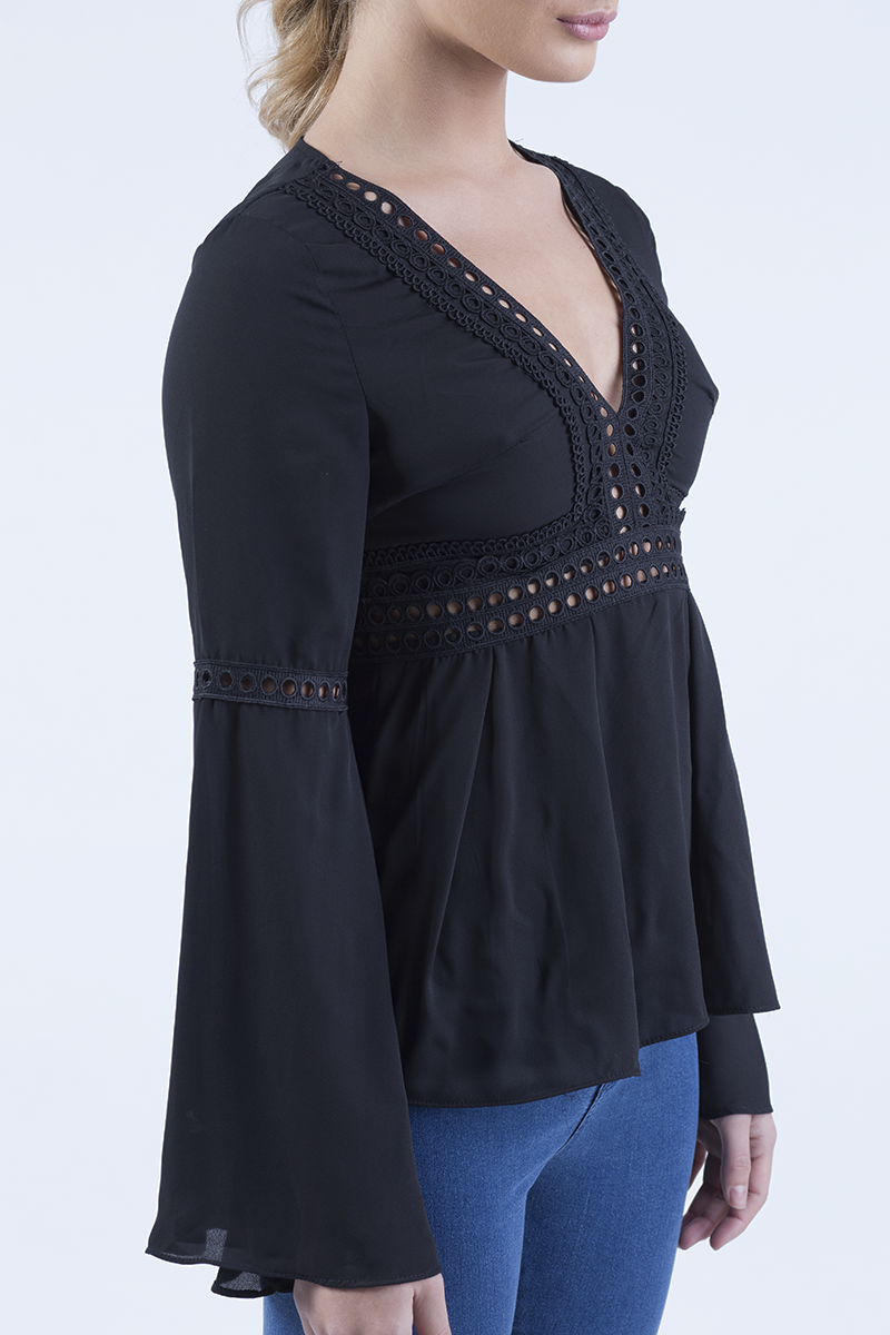 Black Crochet Detail Bell Sleeve Top - Catrina