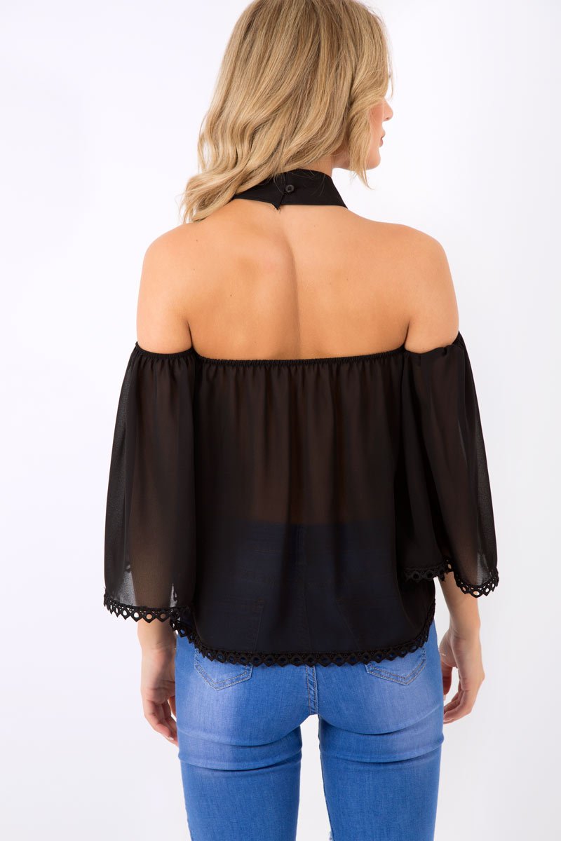Black Crochet Front Halter Neck Top - Lacie