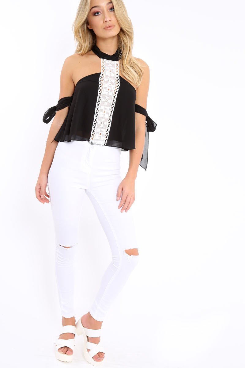 Black Crochet Halter Neck Tie Sleeve Top - Louisa