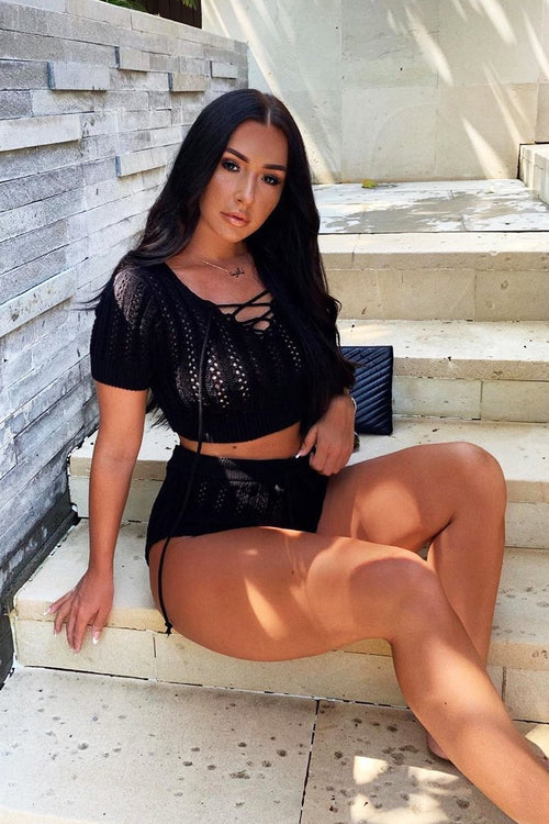 Black Crochet Knit Top Shorts Co-ord - Aarini