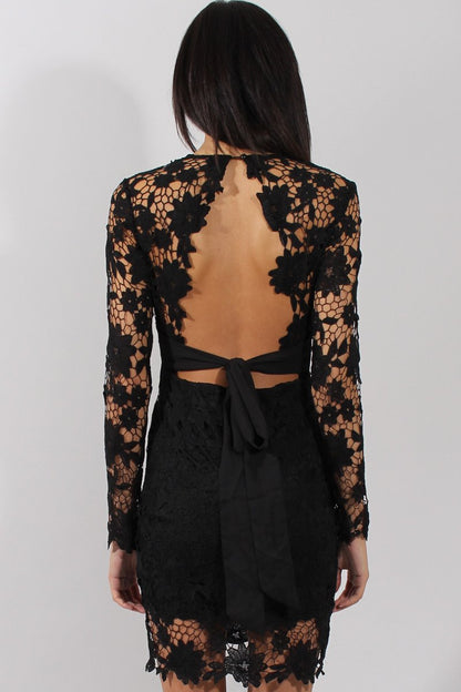 Black Crochet Lace Plunge Dress - Adora