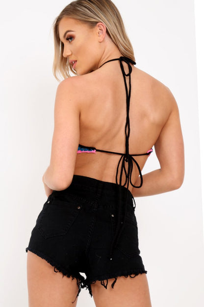 Black Crochet Multi Hem Halterneck Crop Top - Aby