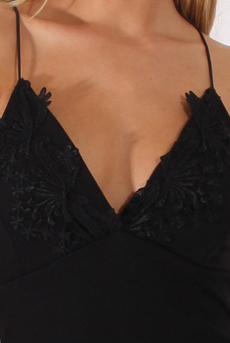 Black Crochet Trim Plunge Bodycon Dress - Buffy