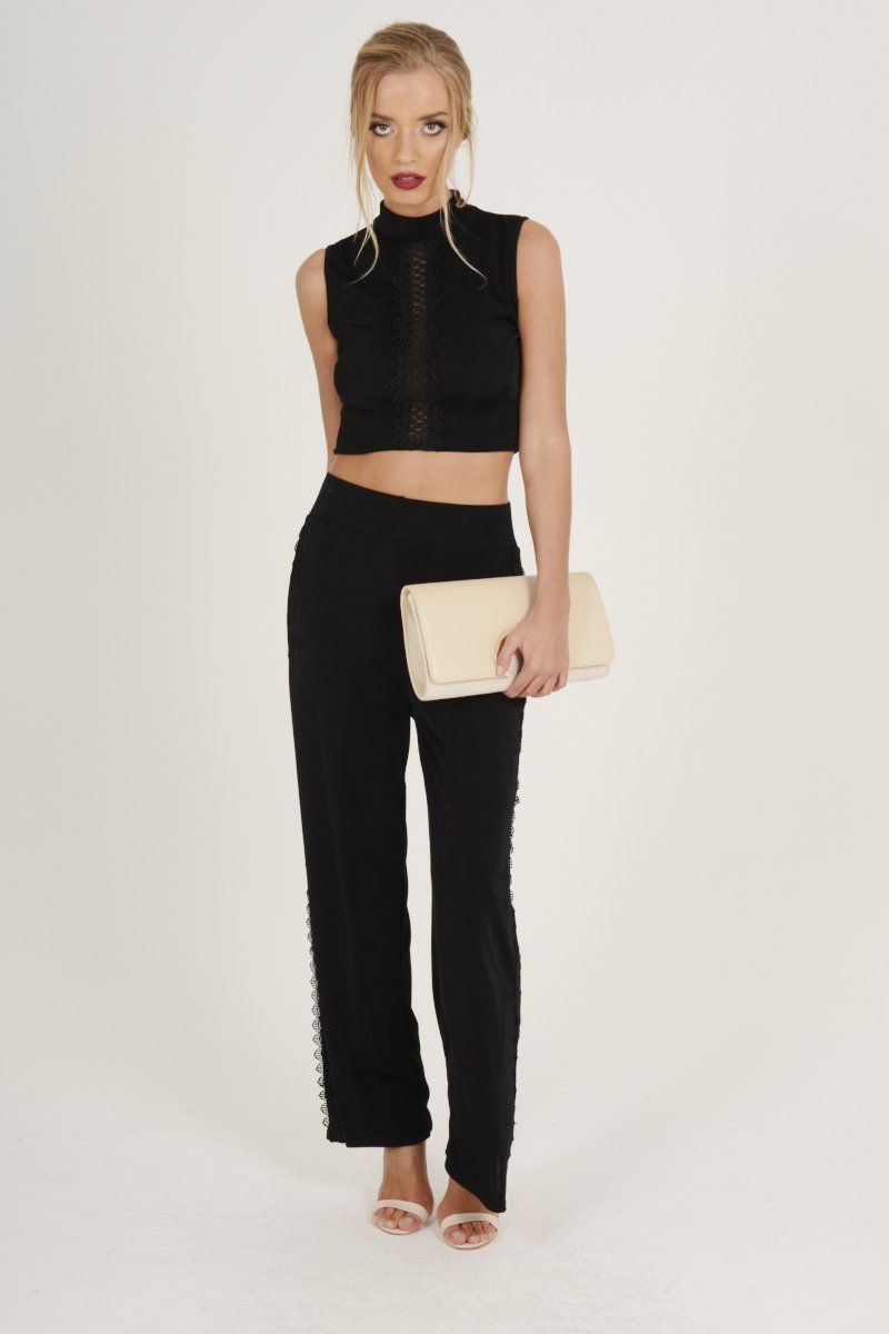 Black Crochet Trim Wide Leg Co-ord - Devlin