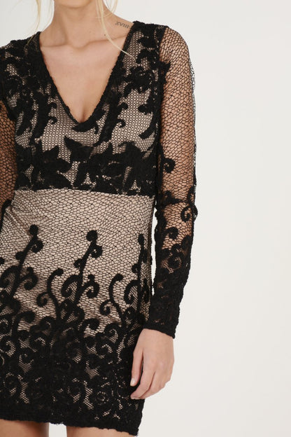 Black Crochet V Neck Mini Dress - Tinashe
