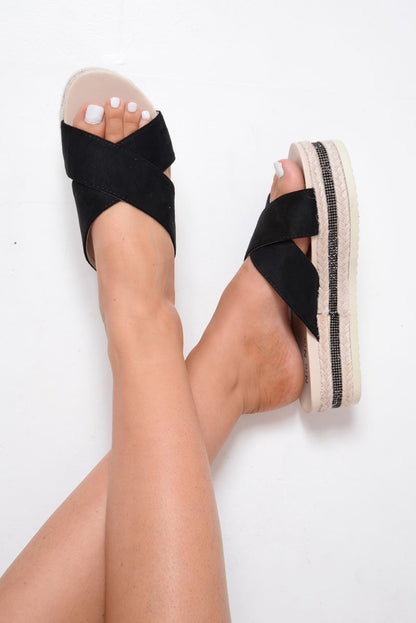 Black Cross Over Flatform Sliders - Vana