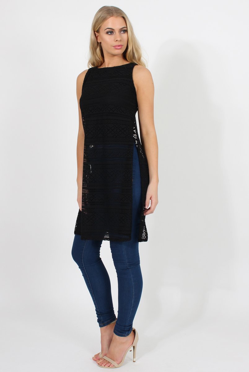 Black Crotchet Side Split Top - Lottie