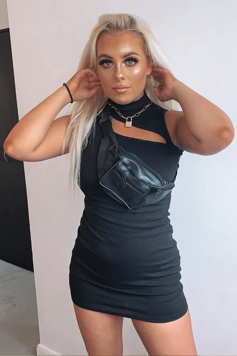 Black Cut Out Rib High Neck Dress - Edyn
