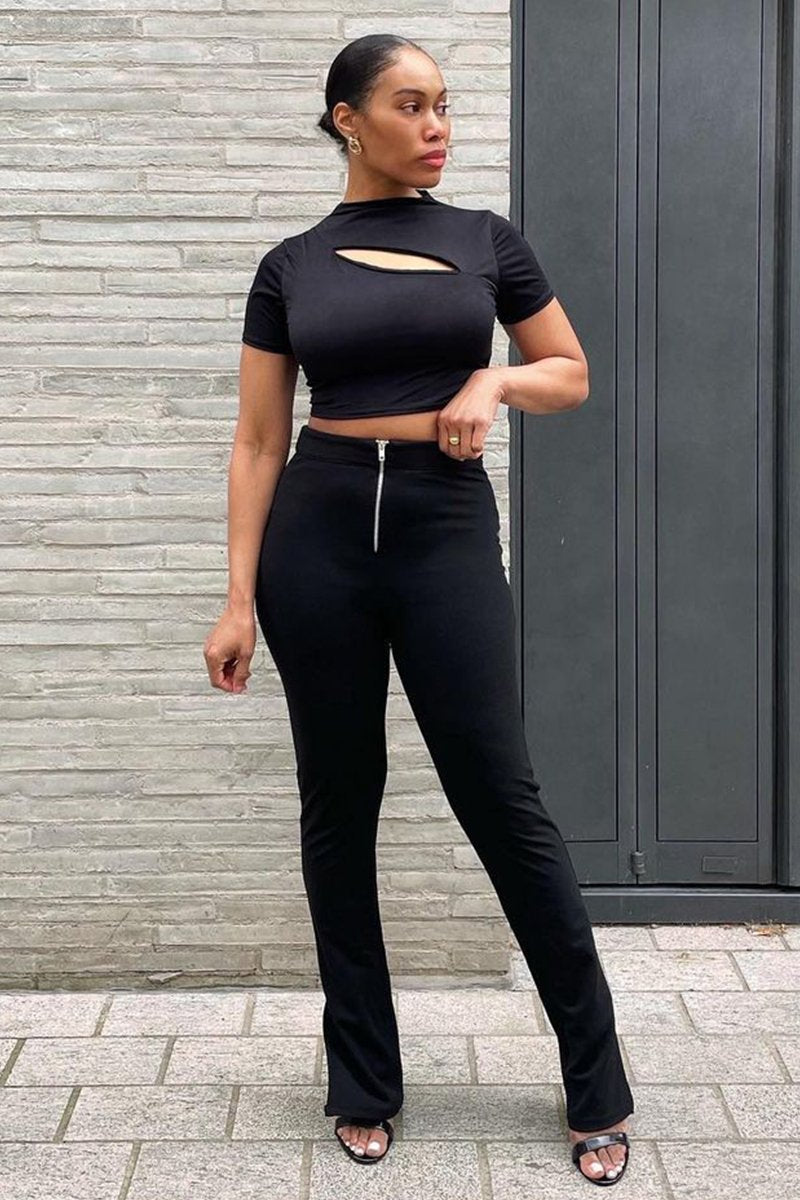 Black Cut Out Short Sleeve Slinky Crop Top - Harriet