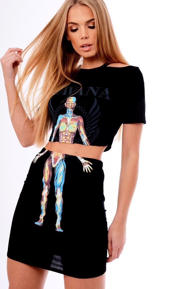 Black Cut Out Shoulder 'Havana' Graphic Co-ord - Olah
