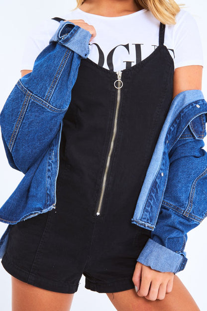 Black Denim Plunge Zip Front Playsuit - Tiona