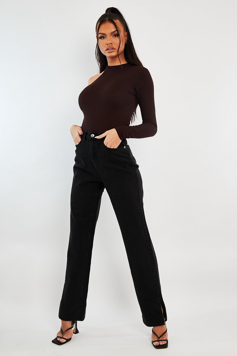 Black Denim Straight Leg Side Split Jeans - Tashi