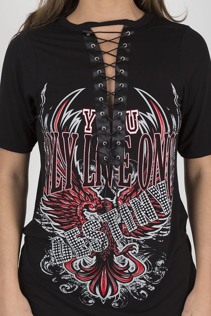 Black Destiny Graphic Print Lace Up T Shirt - Ollie
