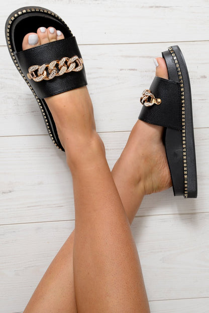 Black Diamante Chain Flatform Sliders - Elliyah