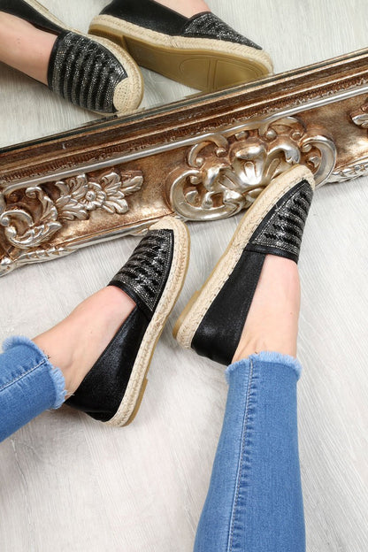 Black Diamante Embellished Espadrilles - Mazie