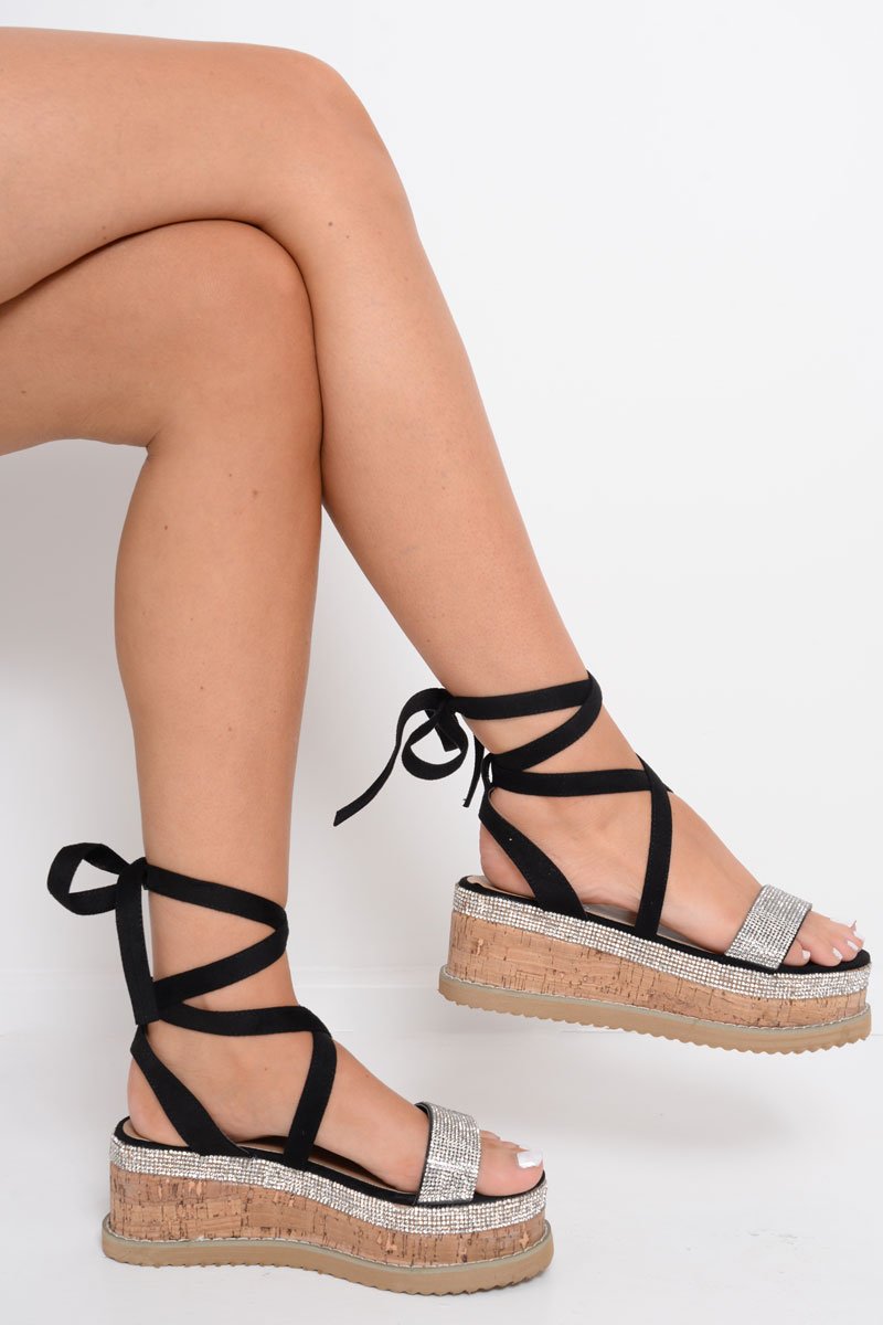 Black Diamante Embellished Lace Up Wedges - Phillis