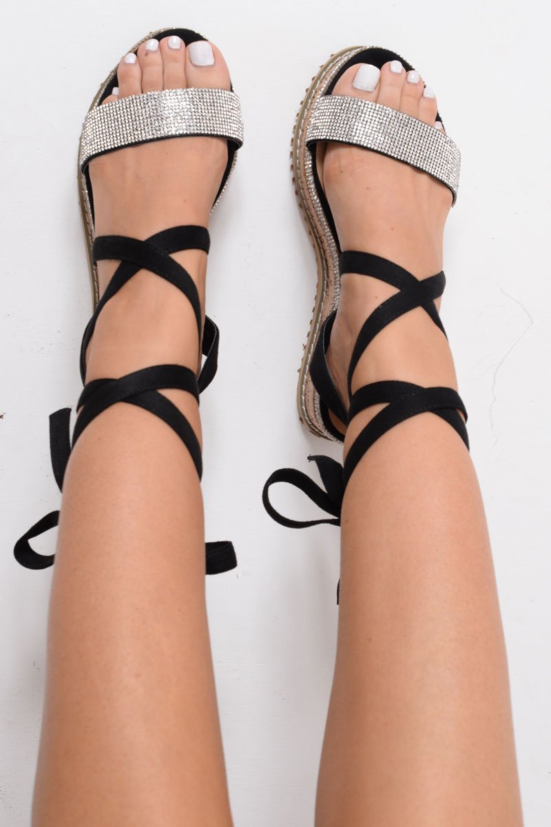 Black Diamante Embellished Lace Up Wedges - Phillis