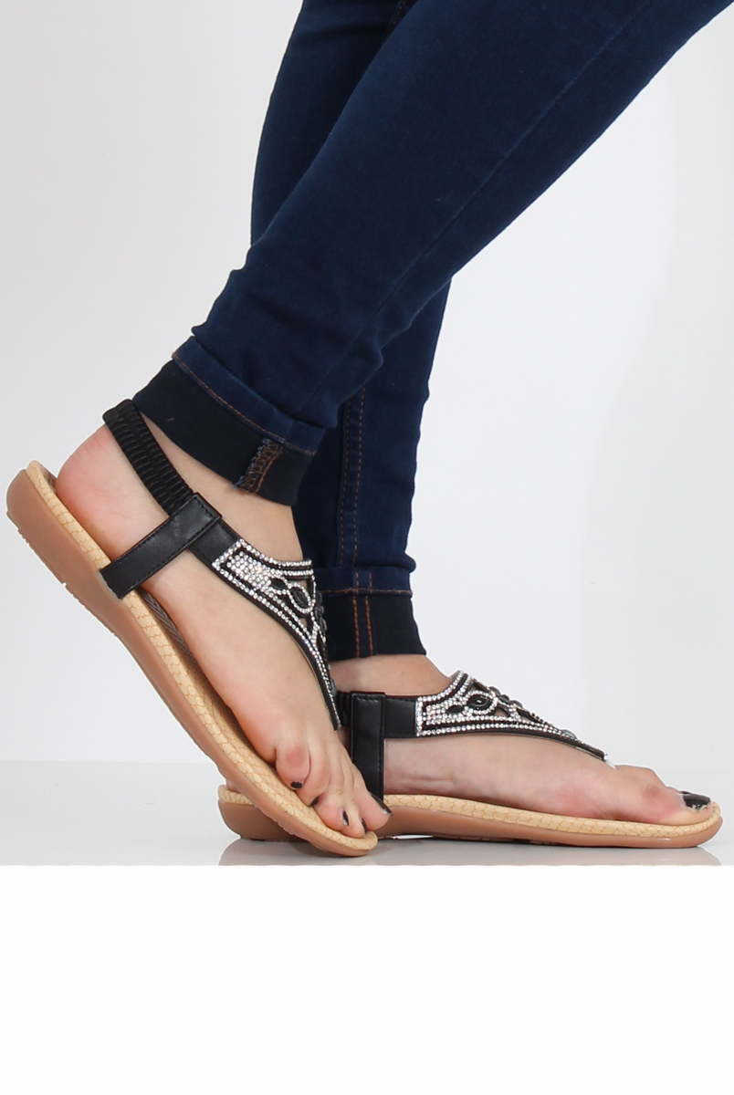 Black Diamante and Jewelled T-bar Sandals - Taliya