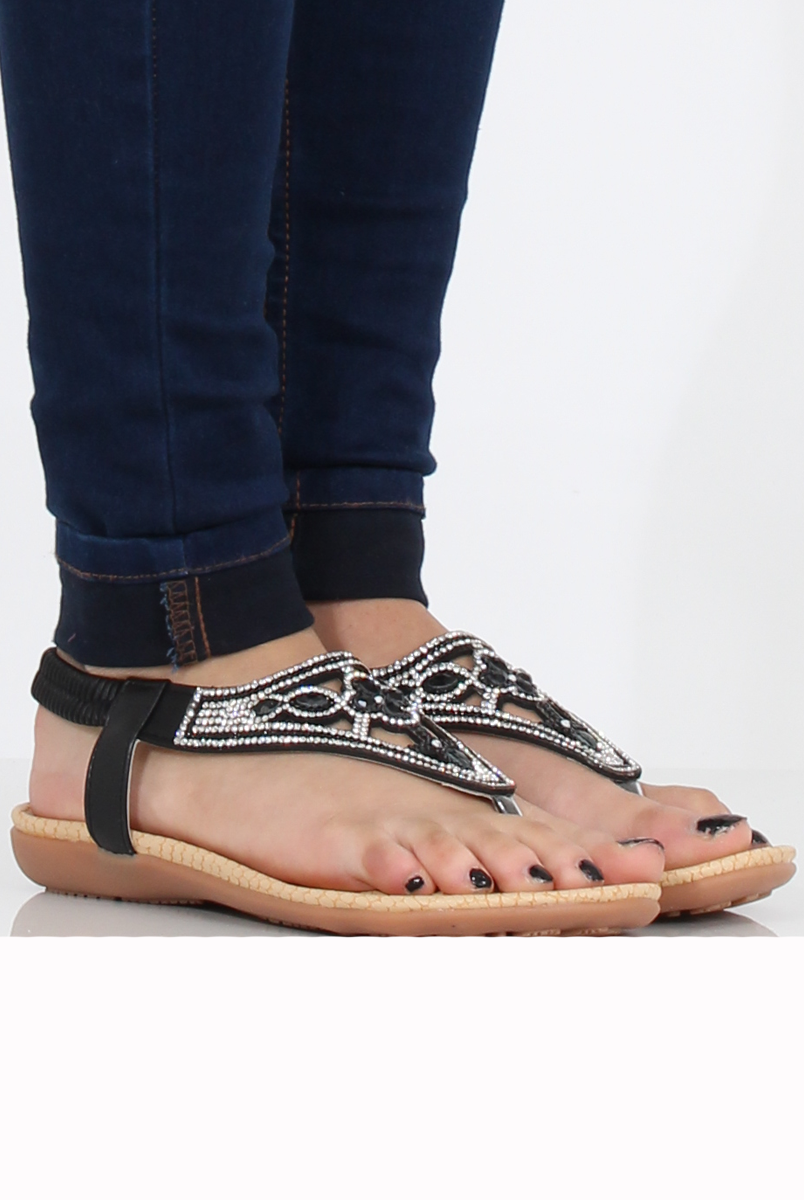 Black Diamante and Jewelled T-bar Sandals - Taliya