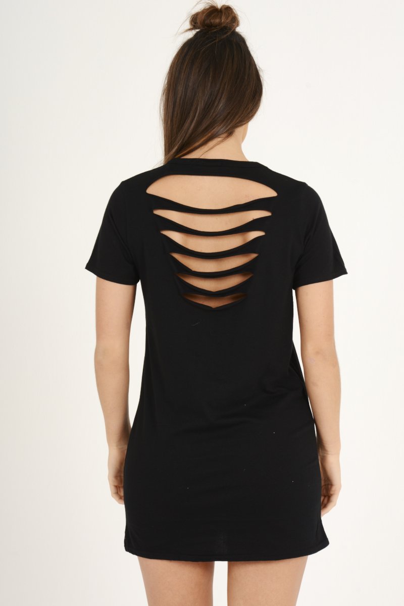 Black Distressed Back Graphic Print T Shirt Dress - Elle