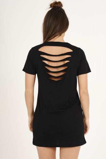 Black Distressed Back Graphic Print T Shirt Dress - Elle