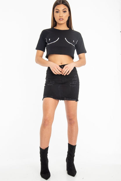 Black Distressed Denim Skirt - Blakelyn