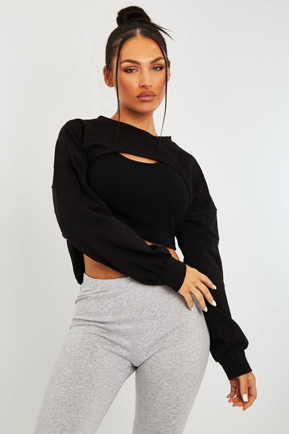 Black Double Layer Crop Sweatshirt - Jannie