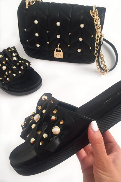 Black Embellished Frill Sliders - Kristan