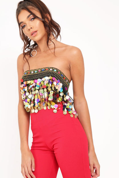 Black Embellished Sheer Top with Sequin and Coin Tassels - Ciani