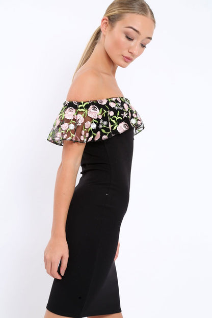 Black Embroidered Bardot Bodycon Dress - Jaxie