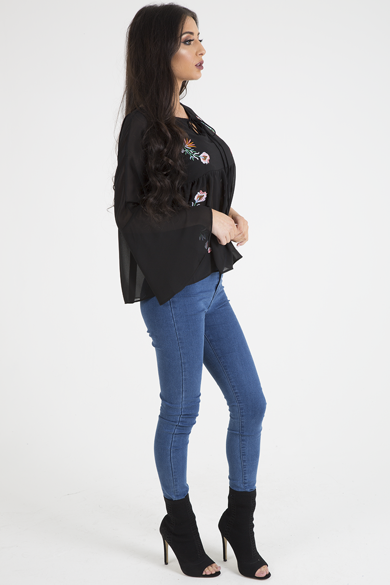Black Embroidered Bell Sleeve Blouse - Felicia