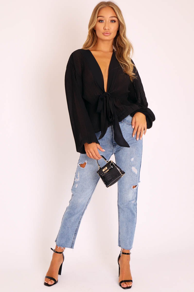 Black Extreme Plunge Structured Peplum Pleated Top - Ivy