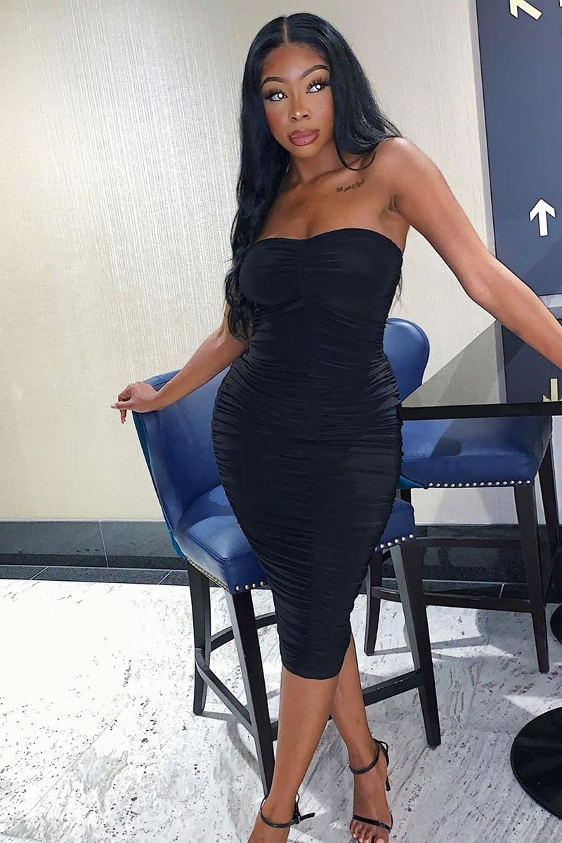 Black Extreme Ruched Slinky Midi Dress - Kaja