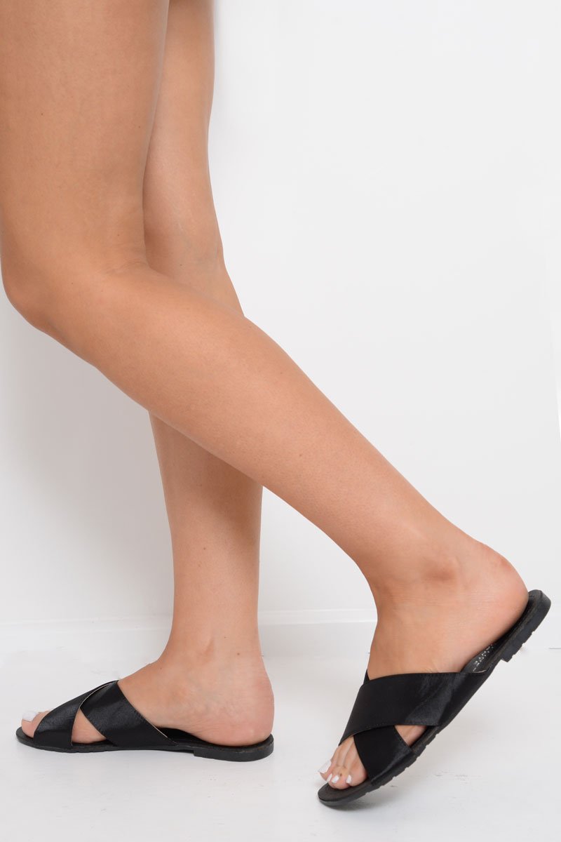 Black Fabric Cross Over Sliders - Lanea