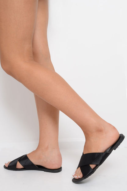 Black Fabric Cross Over Sliders - Lanea