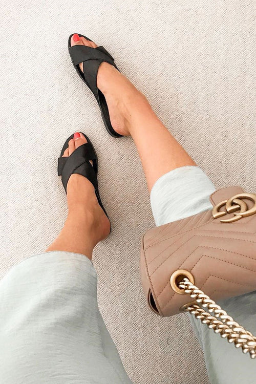 Black Fabric Cross Over Sliders - Lanea